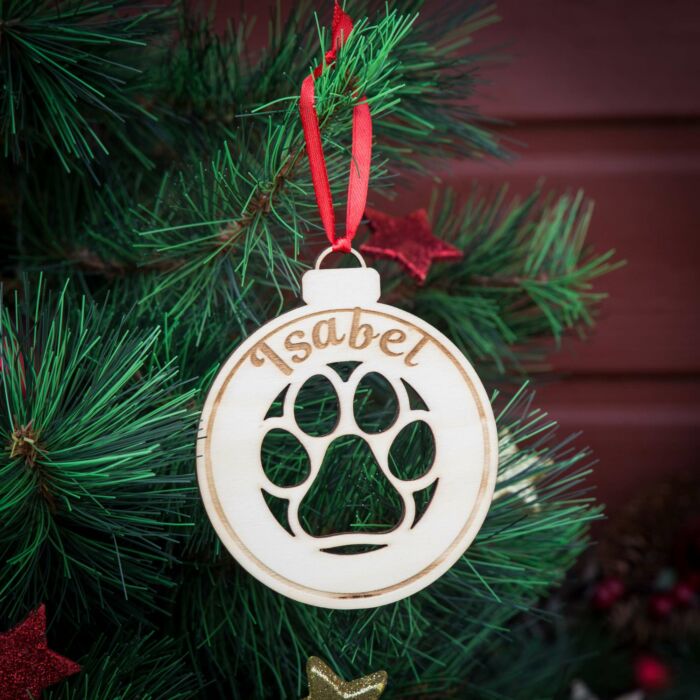 Weihnachtskugel aus Holz personalisiert mit Namen "Pfote in Weihnachtskugel" ∅ 10 cm | Weihnachtsbaum Schmuck | Weihnachtsdeko | Christbaum