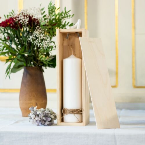 Kerzenbox Holz Aufbewahrung Taufkerze Hochzeitskerze Altar mit Kerze
