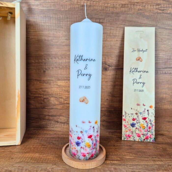 Hochzeitskerze | Wildblumen | Rundumdruck | 20-30 cm Höhe | Trauung | Personalisierte Kerze | Hochzeitsgeschenk personalisiert