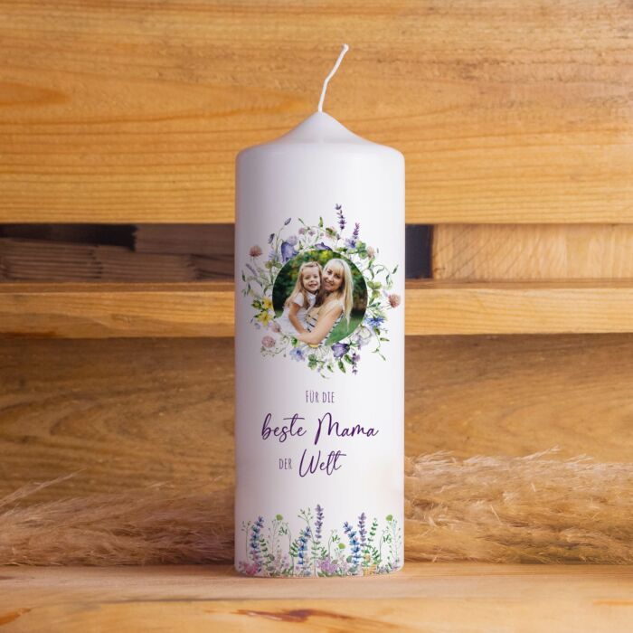 Lavendel Kerze zum Muttertag mit Foto | 20 cm Höhe | Personalisierte Kerze | Geschenkidee Mama Mutter | Geschenk Geburtstag Frau