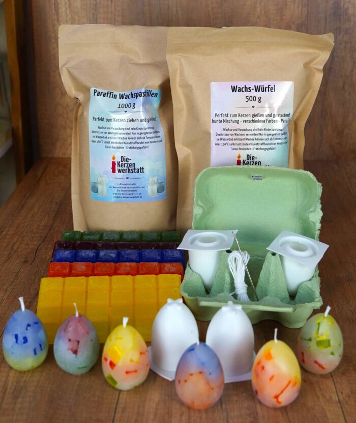 DIY-Set: Ostereier Kerzen Gießen | Bastelset für 22+ Eierkerzen | Kreatives Kerzen Gießen für Ostern | Inkl. Paraffinwachs, Silikonformen & Wachswürfel | Für Kinder & Erwachsene