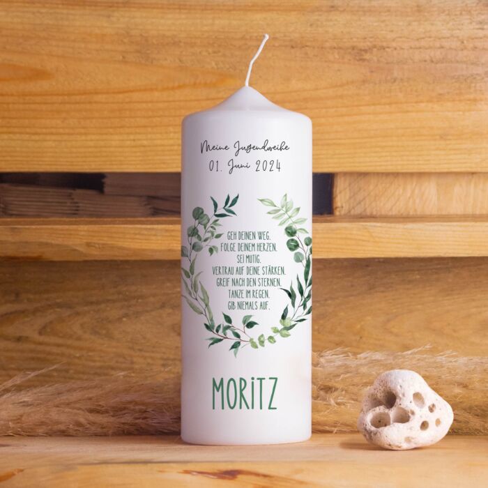 Jugendweihekerze "Blätterkranz" | Personalisierte Kerze mit Name & Datum | Geschenk zur Jugendweihe | Hochwertige Qualität | 15–40 cm