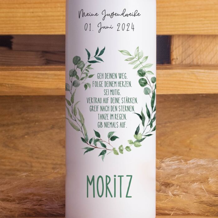 Jugendweihekerze "Blätterkranz" | Personalisierte Kerze mit Name & Datum | Geschenk zur Jugendweihe | Hochwertige Qualität | 15–40 cm – Bild 2
