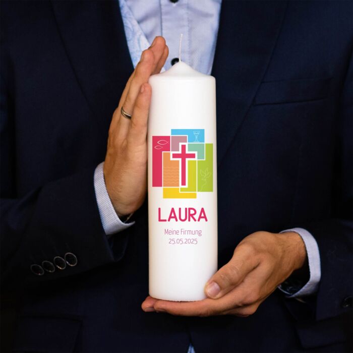 Personalisierte Firmkerze Bunt | Geschenk zur Firmung mit Name & Datum | Hochwertige Qualität | 15-40 cm Höhe – Bild 5