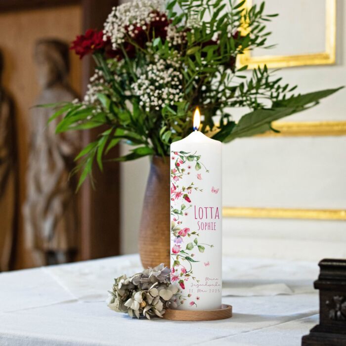 Schmetterlinge_Jugendweihe_Altar_Strick_25-Jugendweihekerze personalisiert mit Name und Datum-Jugendweihekerze personalisiert mit Name und Datum