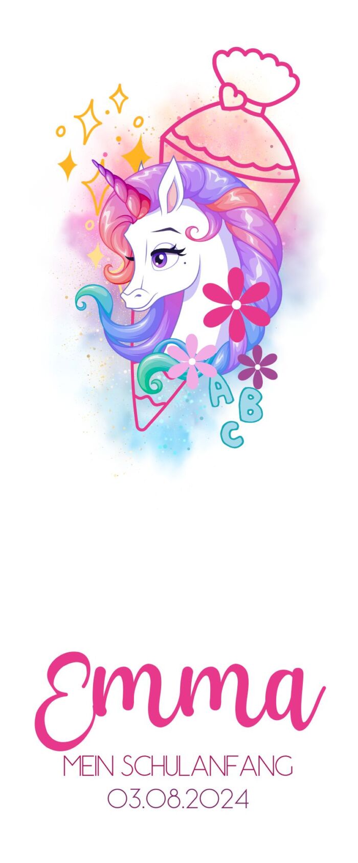 Schulanfangskerze Einhorn | Personalisierte Kerze zur Einschulung | 15–30 cm | Mit Name, Datum & Jutestrick