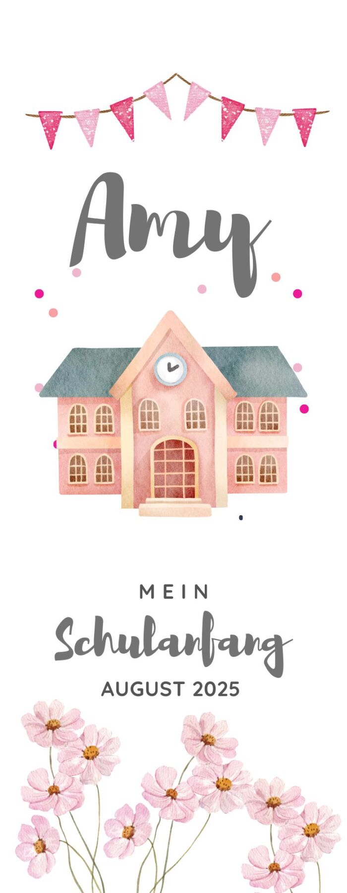 Schulanfangskerze Schule & Blumen | Personalisierte Kerze zur Einschulung | 15–30 cm | Mit Name & Datum